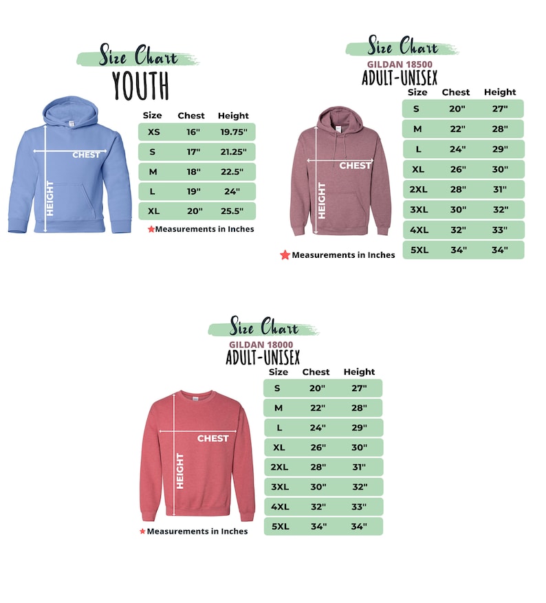May include: Size chart for Gildan 18000 youth and adult-unisex hoodies and sweatshirts. The chart shows the chest and height measurements in inches for each size, from XS to 5XL.