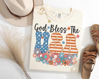 Comfort Colors® God Bless the USA Shirt | Patriotic 4th of July Tee | Vintage Floral American Flag Shirt | Christian USA 250 Freedom Tee