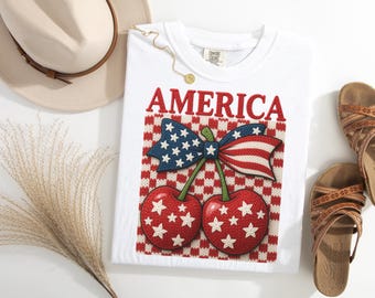 Comfort Colors® Cherry America Coquette Patriotic | Retro Checkered Cherries with Bow | 4th of July | Girly USA Style | Independence Day