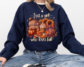 Just a Girl Who Loves Fall Embroidered Sweatshirt | Cozy Autumn Crewneck | Pumpkin Spice Shirt | Fall Aesthetic Gift | Thanksgiving Tee