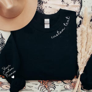 Custom Text on the Neck and Names on the Sleeve Sweatshirt or Hoodie, Personalized Names Initials on Sleeve, Customizable Crewneck Gift