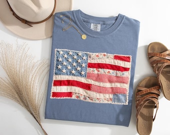 Comfort Colors® Retro American Flag Shirt | Faux Patchwork USA Tee | Patriotic 4th of July Shirt | Vintage USA Flag Graphic Tee