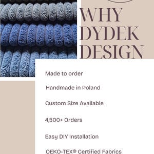 K&ouml;nnte beinhalten: Ein Stapel aus strukturiertem Cordstoff in Orange-, Grau- und Blaut&ouml;nen. Das Bild enth&auml;lt den Text FAMILY LIFESTYLE & FASHION MANUFAKTURA, WHY DYDEK DESIGN sowie eine Liste von Merkmalen wie Made to order, Handmade in Poland und OEKO-TEX Certified Fabrics.