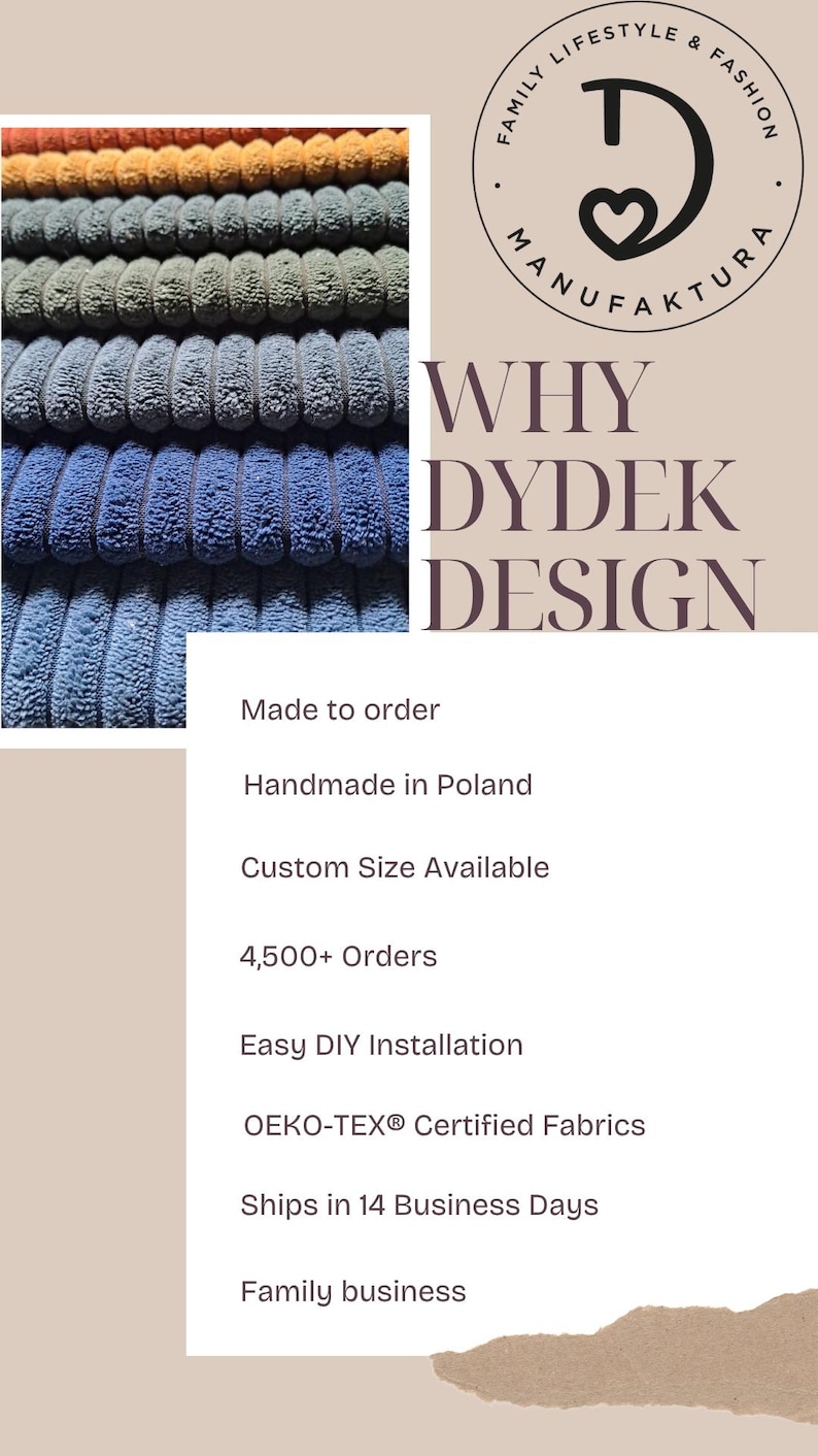 K&ouml;nnte beinhalten: Ein Stapel aus strukturiertem Cordstoff in Orange-, Grau- und Blaut&ouml;nen. Das Bild enth&auml;lt den Text FAMILY LIFESTYLE & FASHION MANUFAKTURA, WHY DYDEK DESIGN sowie eine Liste von Merkmalen wie Made to order, Handmade in Poland und OEKO-TEX Certified Fabrics.
