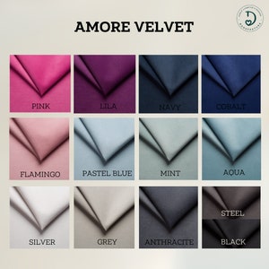 May include: A color chart showing 12 different fabric swatches of Amore Velvet. The swatches are arranged in three rows of four. The colors are: Pink, Lila, Navy, Cobalt, Flamingo, Pastel Blue, Mint, Aqua, Silver, Grey, Anthracite, and Black.