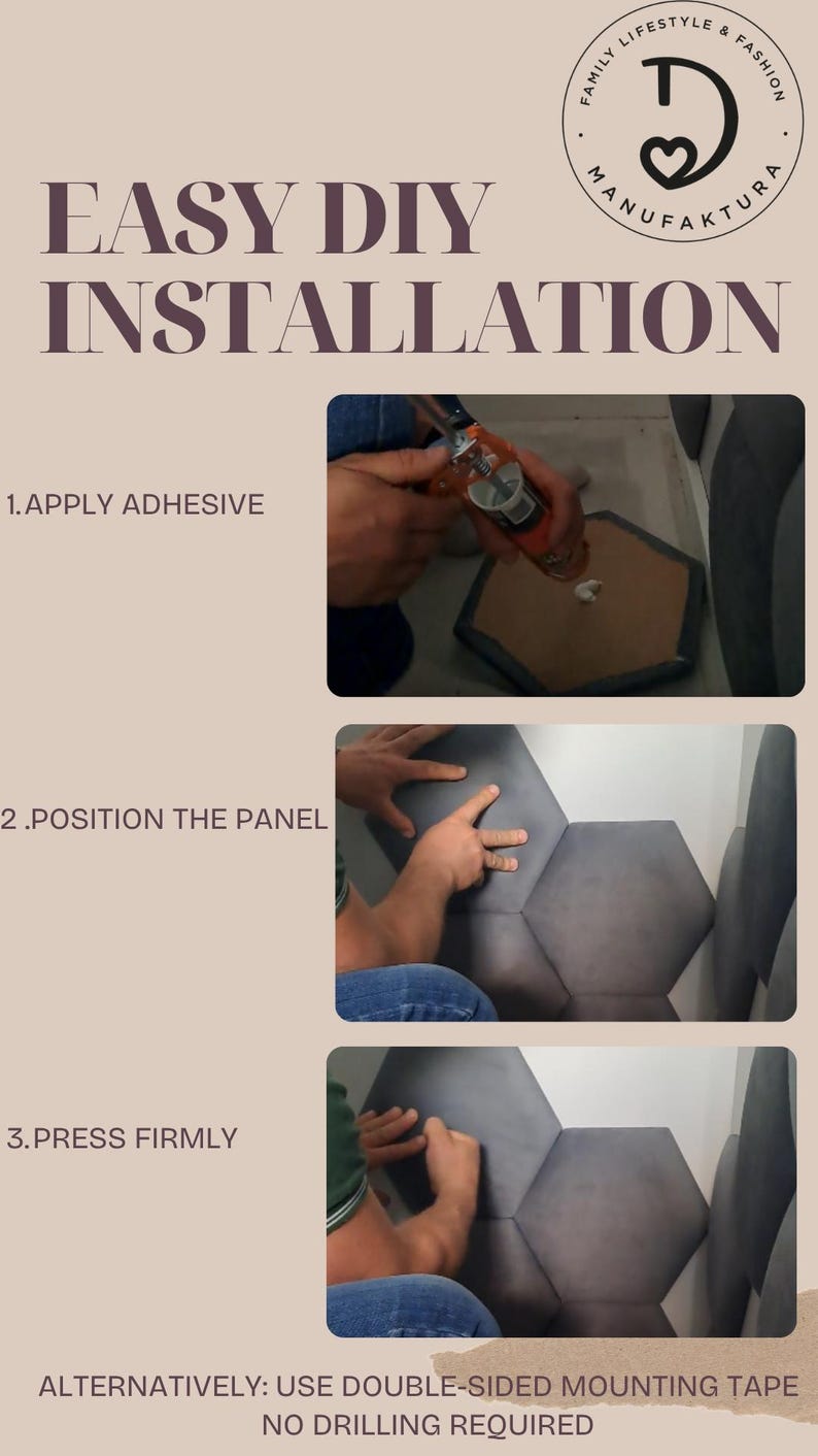 K&ouml;nnte beinhalten: Eine Anleitungsgrafik mit dem Titel EASY DIY INSTALLATION zeigt drei Schritte zur Montage sechseckiger Wandpaneele. Schritt 1: Kleber auftragen. Schritt 2: Paneel positionieren. Schritt 3: Fest andr&uuml;cken. Hinweis zur Verwendung von doppelseitigem Klebeband.