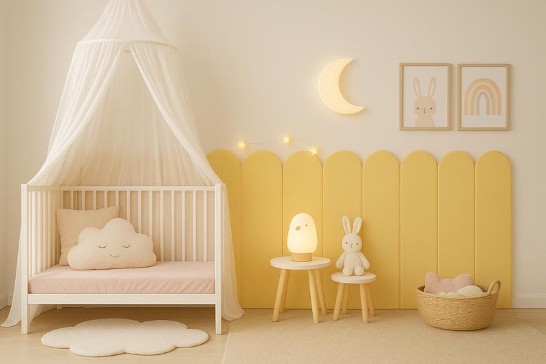 Pode incluir: Um quarto de crian&ccedil;a com um ber&ccedil;o branco, dossel e almofada em forma de nuvem. Uma parede de destaque amarela apresenta uma luz em forma de lua, arte emoldurada de coelhos e arco-&iacute;ris e uma pequena mesa com uma l&acirc;mpada e um brinquedo de coelho.