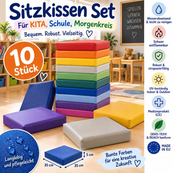 10er Set Sitzkissen 35x35 cm für Kita & Schule, abwischbare Bodenkissen für Morgenkreis