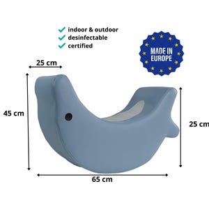 May include: A blue whale-shaped rocking toy, 25 cm high, 25 cm wide, and 65 cm long. The toy is made for indoor and outdoor use, is desinfectable, and certified. The text "MADE IN EUROPE" is visible.