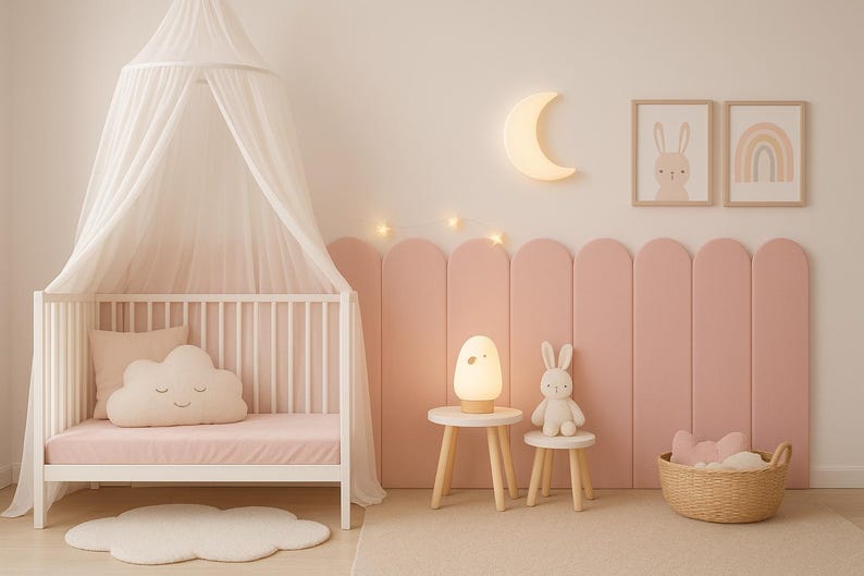 Pode incluir: Um quarto de crian&ccedil;a com um ber&ccedil;o branco, dossel e almofada em forma de nuvem. Um colch&atilde;o rosa e pain&eacute;is de parede complementam a decora&ccedil;&atilde;o. Uma l&acirc;mpada de coelho e um brinquedo est&atilde;o em pequenas mesas de madeira. Obras de arte e uma luz de lua crescente.