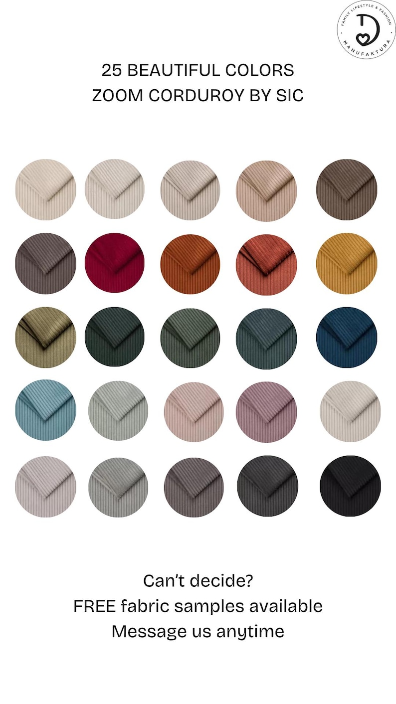 K&ouml;nnte beinhalten: Ein Raster aus 25 kreisf&ouml;rmigen Mustern, die verschiedene Farben von Cordstoff mit gerippter Textur zeigen. Der Text lautet 25 BEAUTIFUL COLORS ZOOM CORDUROY BY SIC, erg&auml;nzt durch ein Logo und Hinweise zu kostenlosen Stoffproben.