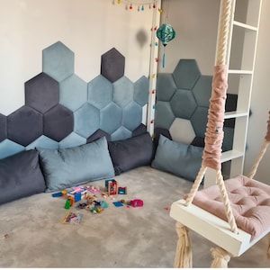 hexagon veloured wall panel, soft wall, soft panels, soft headboard, headboard, wall deco, wall decor, tailored wall panels, padded wall