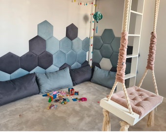 hexagon veloured wall panel, soft wall, soft panels, soft headboard, headboard, wall deco, wall decor, tailored wall panels, padded wall