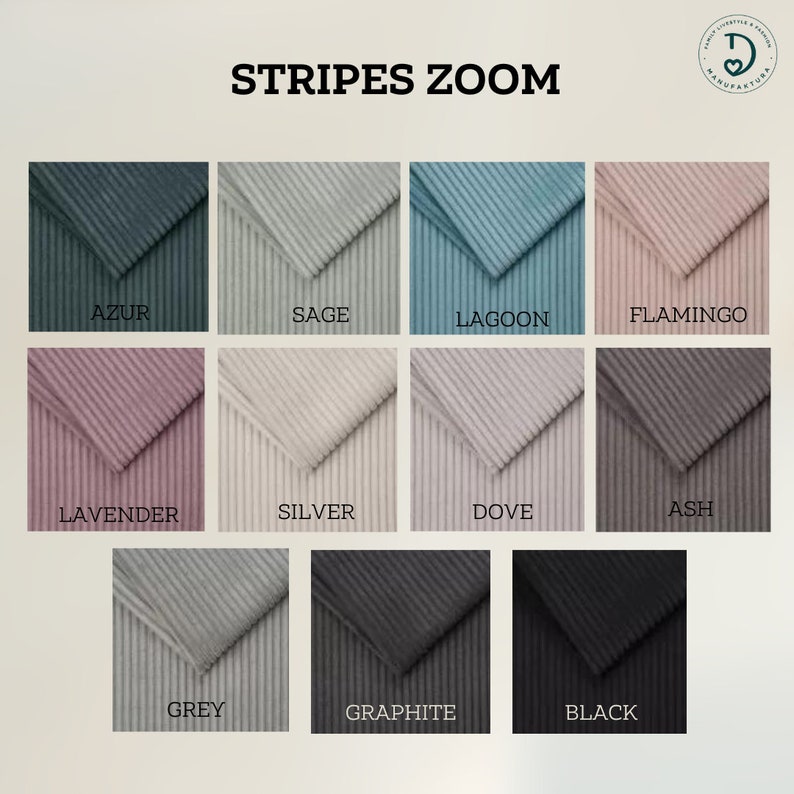 K&ouml;nnte beinhalten: Eine Farbkarte mit dem Titel STRIPES ZOOM, die elf Stoffmuster mit gerippter Textur zeigt. Die Farben umfassen Azur, Sage, Lagoon, Flamingo, Lavender, Silver, Dove, Ash, Grey, Graphite und Black, jeweils mit ihrem Namen beschriftet.