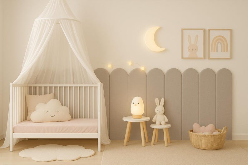 Pode incluir: Um quarto de crian&ccedil;a com um ber&ccedil;o branco, uma almofada em forma de nuvem e um dossel. O quarto apresenta uma luz em forma de lua, obras de arte emolduradas, uma l&acirc;mpada e um brinquedo de coelho em pequenas mesas. Um tapete de nuvem est&aacute; no ch&atilde;o.