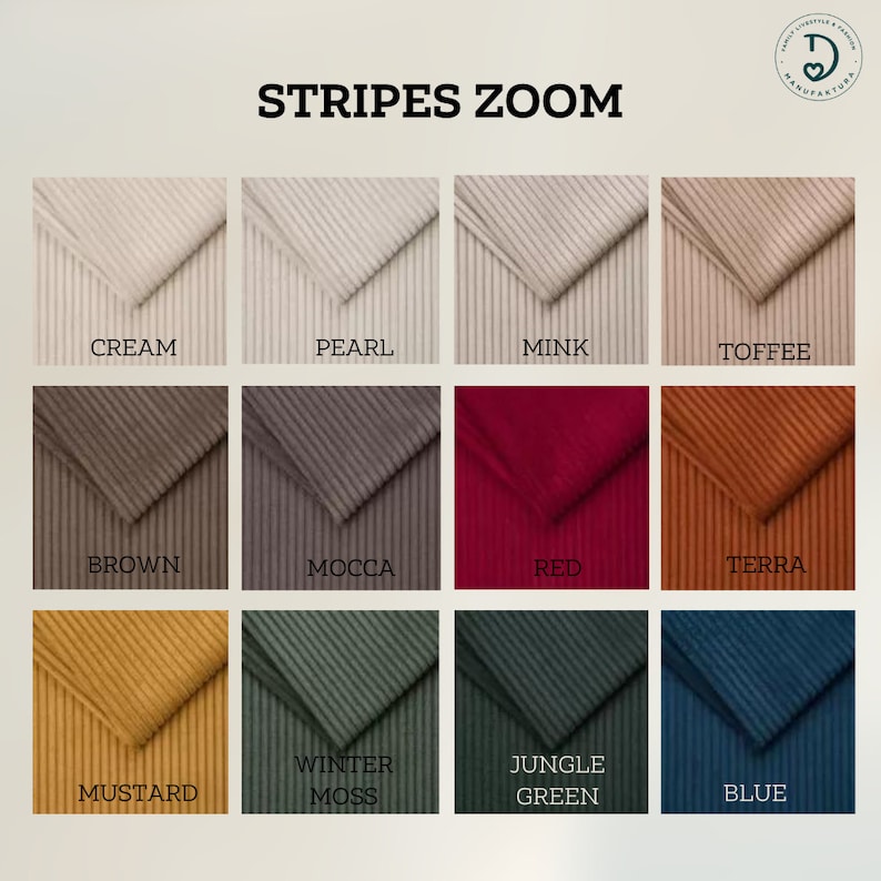 K&ouml;nnte beinhalten: Ein Raster aus zw&ouml;lf Stoffmustern mit der &Uuml;berschrift STRIPES ZOOM, die gerippte Texturen in den Farben Creme, Perle, Nerz, Toffee, Braun, Mokka, Rot, Terra, Senf, Wintermoos, Dschungelgr&uuml;n und Blau zeigen. Jedes Muster zeigt ein gefaltetes Eckdetail.
