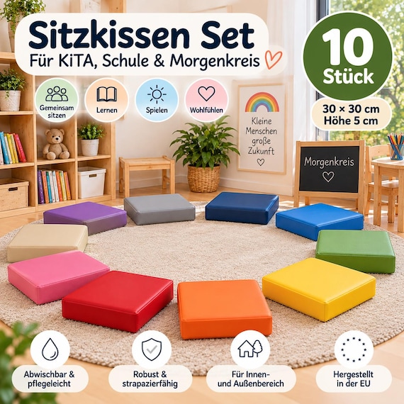 10er Sitzkissen Set 30x30 cm für Schule & KITA, quadratische Bodenkissen, Stuhlkissen, Morgenkreis Kissen, abwischbare PVC Kissen