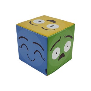 May include: A soft, colorful cube with different facial expressions on each side. The cube is yellow, blue, and green.