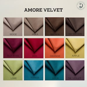 May include: A color chart showing 12 different fabric swatches in a variety of colors, including beige, brown, red, orange, green, blue, and purple. The fabric swatches are labeled with their color names. The chart is titled "Amore Velvet".