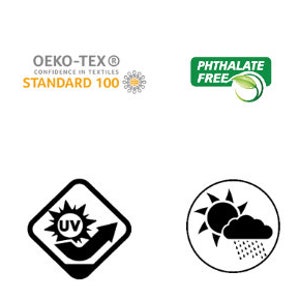 May include: A set of eight black and white icons representing various certifications and safety features. The icons include REACH compliant, Oeko-Tex Standard 100, Phthalate Free, Flame Retardant, UV Protection, Water Resistant, and Stain Resistant.