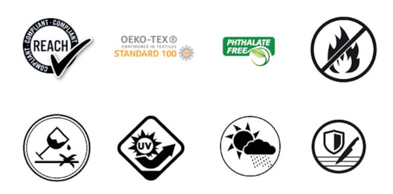 May include: A set of eight black and white icons representing various certifications and safety features. The icons include REACH compliant, Oeko-Tex Standard 100, Phthalate Free, Flame Retardant, UV Protection, Water Resistant, and Stain Resistant.