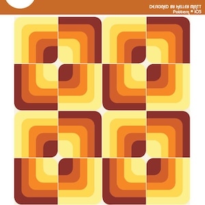 May include: A geometric quilt pattern with a modern design. The quilt is made up of squares with a layered effect in shades of yellow, orange, and brown. The quilt is 73 inches by 77.5 inches.