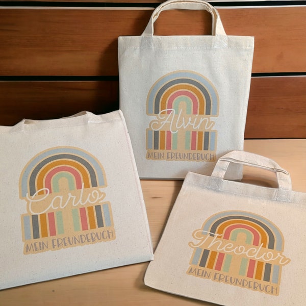 Freundebuchtasche aus Baumwolle | personalisiert mit Namen | Freundebuch | Regenbogen | Kindergarten | Schule | Einschulung | Geburtstag