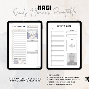 Pode incluir: Um planejador digital com um layout diário e semanal apresentando um personagem de anime em preto e branco. O planejador é personalizável e inclui o texto "NAGI Daily Planner Printable" e "BLUELOCK".