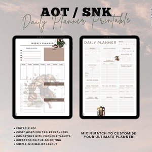 Undated AoT/ SnK Anime minimalist planner, daily and weekly printable, todo list, adhd planner, goal planner, onenote planner, digital diary