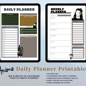 May include: Printable daily and weekly planner pages featuring anime characters. The daily planner has sections for top priority, important reminders, plan of action, meal plan, water intake, and notes to self. The weekly planner has sections for Monday through Sunday, important tasks, and notes.