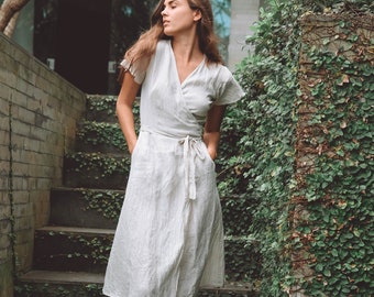 Linen wrap dress, Linen Dress, Linen dress for woman, Linen dress with pockets, Linen midi dress, Linen plus size maxi dress, summer dress