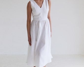 White linen midi dress, Linen midi dress. Linen dress. Shirred dress. Soft linen dress. Natural linen summer dress . Minimal linen.