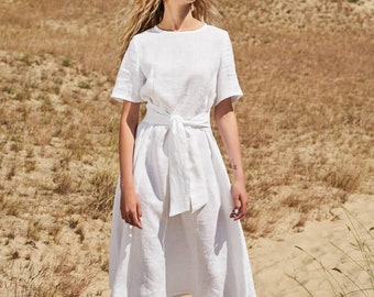 White linen dress, Linen midi dress. Linen dress. Soft linen dress. Linen half sleeves dress . Natural linen summer dress . Minimal linen.