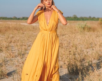 Wrap dress, maxi dress, Bridesmaid dress, yellow dress, button dress, summer dress, long dress, loose fit long dress, oversize dress