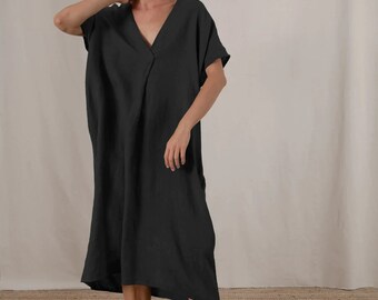 Linen Caftan. Linen batwing sleeves . Black caftan . Soft Linen Caftan. Linen Natural Dress . summer Dress . Minimal linen. Summer caftan