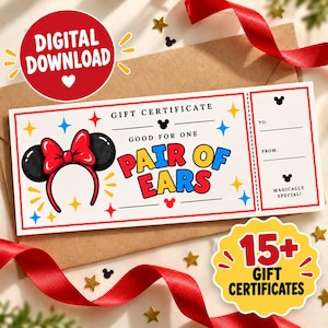 May include: A rectangular gift certificate featuring a red and black headband with ears, the text 'GIFT CERTIFICATE GOOD FOR ONE PAIR OF EARS', and a section for 'TO' and 'FROM'. The design includes blue and red star accents and small black mouse icons.