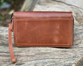 Cartera de cuero hecha a mano con cremallera, monedero personalizado con doble cremallera.