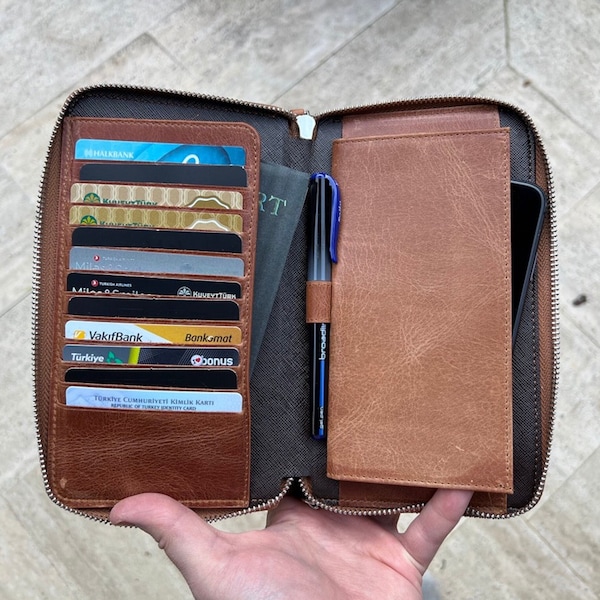 Leather Travel Wallet, Portfolio Wallet, Passport Holder Folio, Large Passport Wallet, Zip Around Travel Wallet, Personalized Wallet