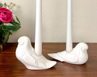 Pair of Vintage White Dove Ceramic Candle Holders Made in Japan: Romantic Decor