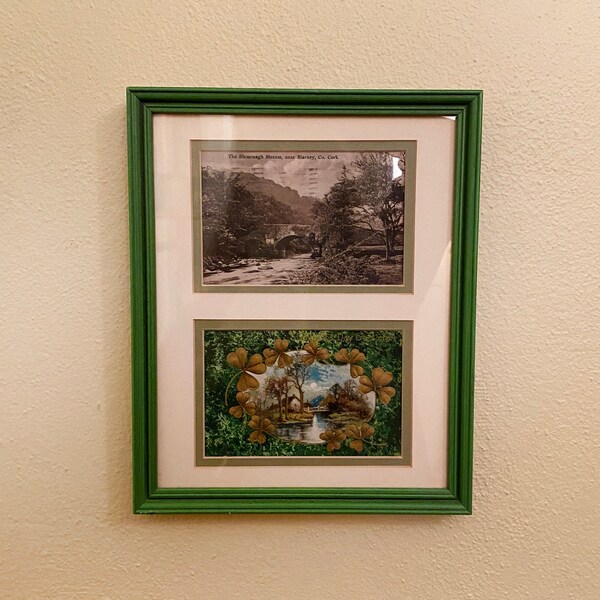 Vintage Framed 1920s Irish Postcards, 2 Real Cards, One Signed /Stamped, Double Matte Green Wood Frame, Shournagh Stream Cork Co., Shamrocks