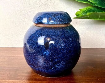 Vintage Cobalt Blue Lidded Stoneware Jar: Signed S. Way 1-81; Globular Shape