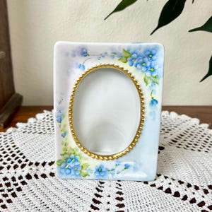 Vintage Hand Painted Forget-Me-Not Porcelain Photo Frame, Signed