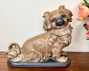 Vintage 10" Tibetan Spaniel Hand Painted Ceramic Dog Mold Figurine: Signed