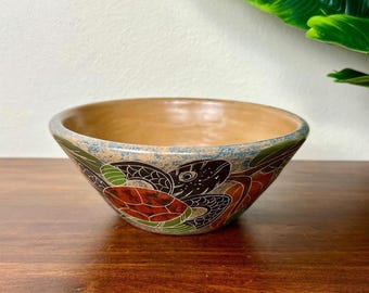 Vintage Sgraffito Pottery Bowl With Sea Turtle Motif: Central American Ceramics; Signed Samir Nacoya