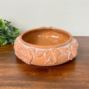 Puede incluir: Una maceta redonda de color terracota con un relieve detallado de hojas y racimos de uvas. El borde está acentuado con un ribete blanco. La maceta está sobre una superficie de madera.