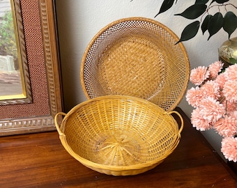 Vintage Honey Bamboo Basket Set: Japanese Morikago & Handled Bowl