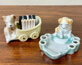 Set vintage anni '20-'30 in porcellana lucida a forma di cane, porta sigarette/fiammiferi: novità dal Giappone.