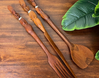 Vintage Hand-Carved African Tribal Utensil Set: Figural Art, Metal Coil Detail