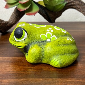 May include: A ceramic frog figurine in shades of green, black, and white. The frog has large eyes and is decorated with white floral patterns. The figurine is on a wooden surface, with a succulent plant in the background.