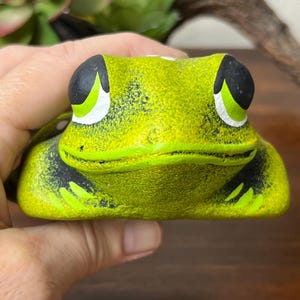 May include: A ceramic frog figurine in shades of green, black, and white. The frog has large, expressive eyes and a textured surface. The figurine is held in a hand, with a blurred background of greenery and wood.